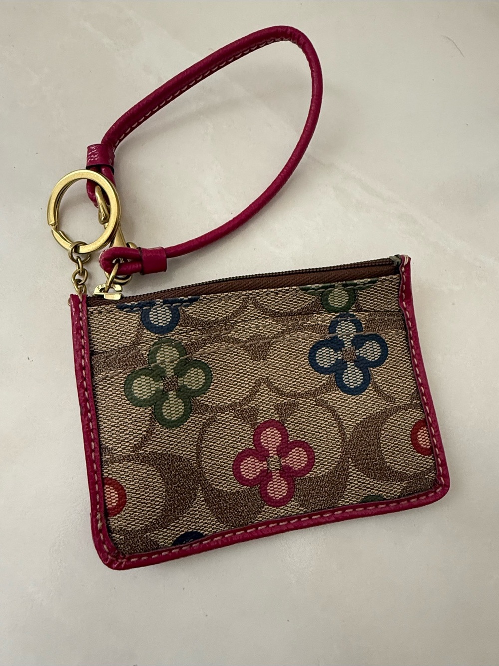 Coach Multicolor Floral Signature Zip Card Case Wristlet with Pink Trim NWOT